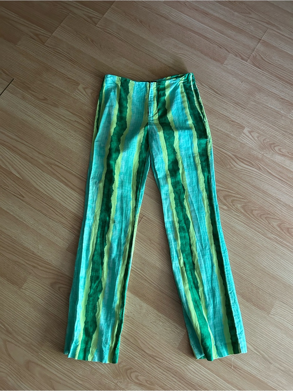 Zara Green Patterned Striped Linen Blend Casual Pants Women’s Small